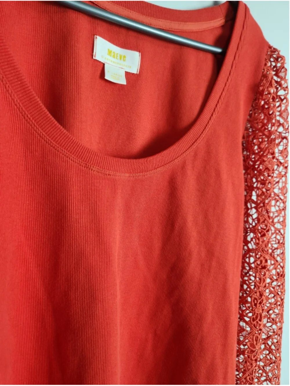 Anthropologie Maeve Red Lace Long Sleeve Top Stretch Cotton Size XL Professional
